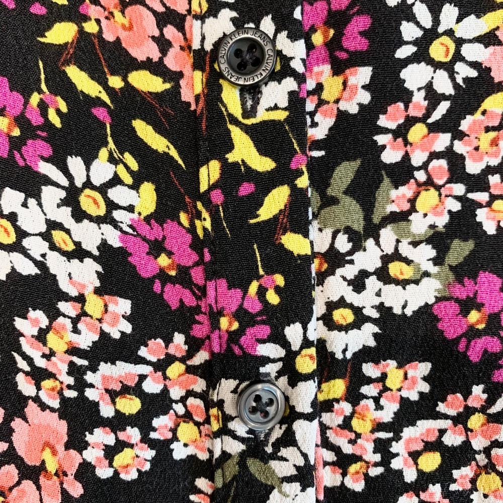 Calvin Klein Jeans Floral Midi Dress Womens M Black Pink Button Front Viscose - Picture 9 of 11